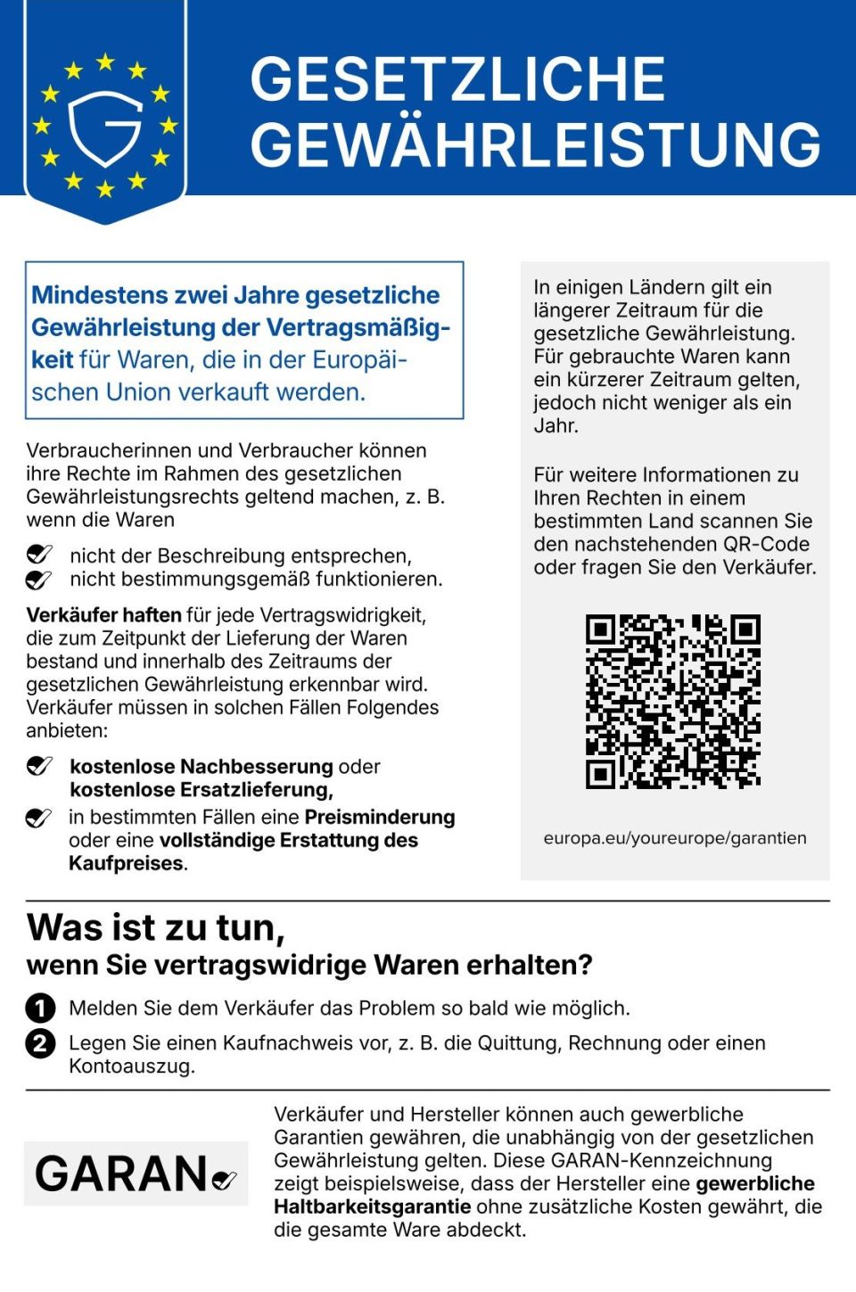 Hinweis auf die gesetzliche Gewährleistung